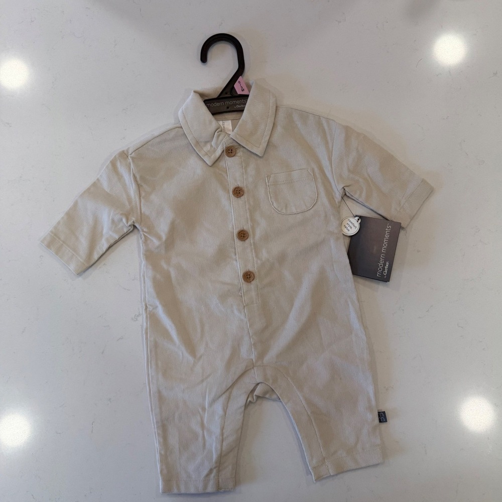 Modern Moments by Gerber Baby Boy Corduroy Romper Oatmeal Beige‎ 0-3M NWT